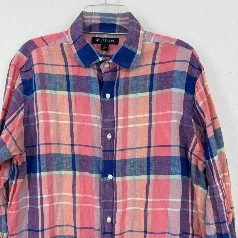Cremieux Button Down Shirt‎ Mens Large Pink Blue Plaid 100% Linen Long Sleeve